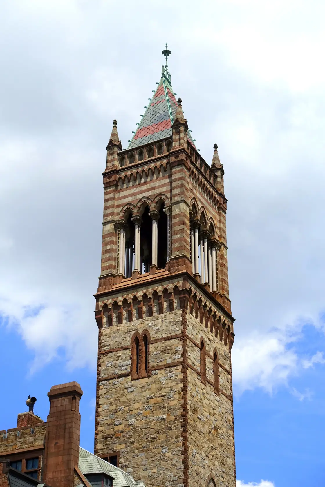 The arched stone porch and patterned tower of Old South Church in Boston.
