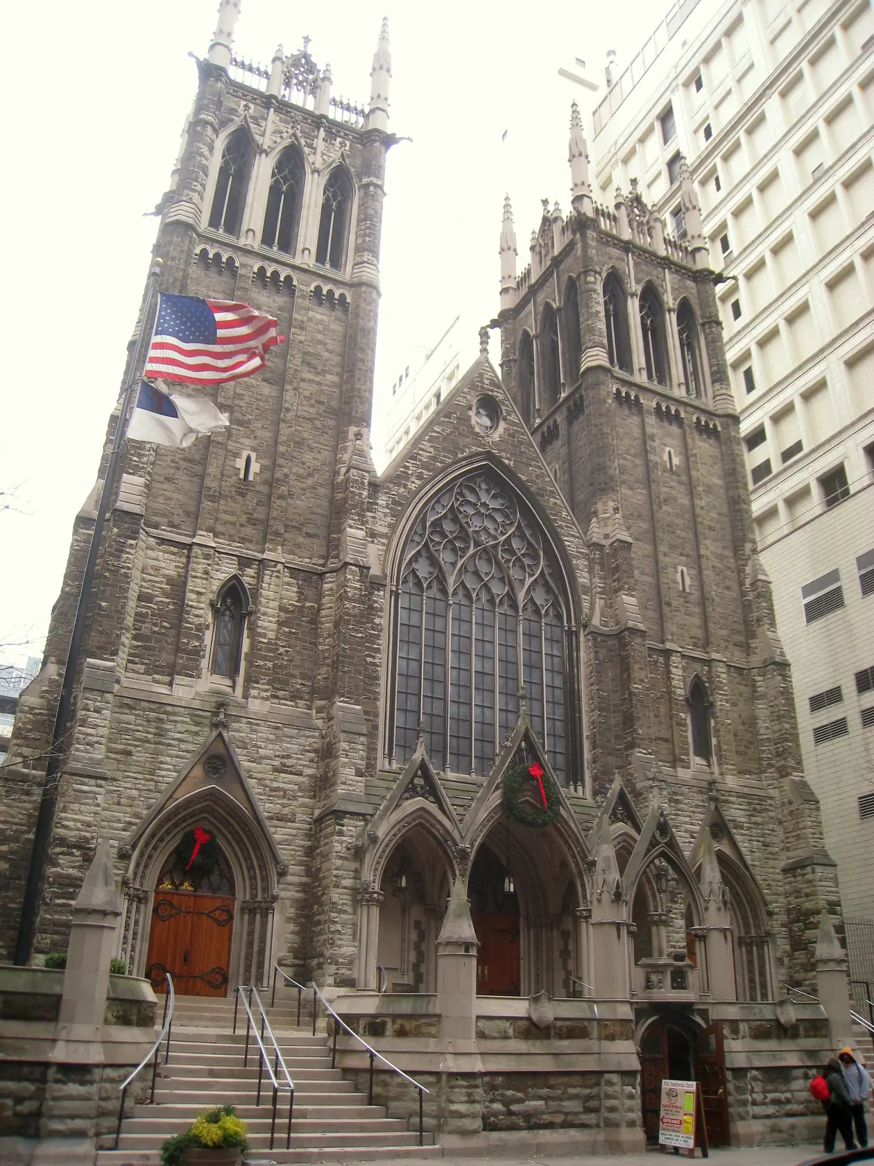 First Presbyterian Church of Pittsburgh, a Gothic Revival stone church with a square tower on a city street.